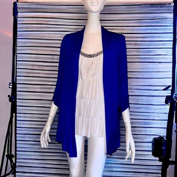 AB Studio (Kohl’s) Top Royal Blue Ivory Ruffled Beaded Neckline Cami Cardi S - Picture 14 of 16